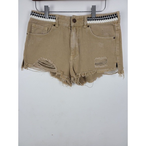P.S Erin Wasson Pants - P.S. Erin Wasson Tan Shorts 28 Womens High Rise Raw Hem Embroidered Distressed